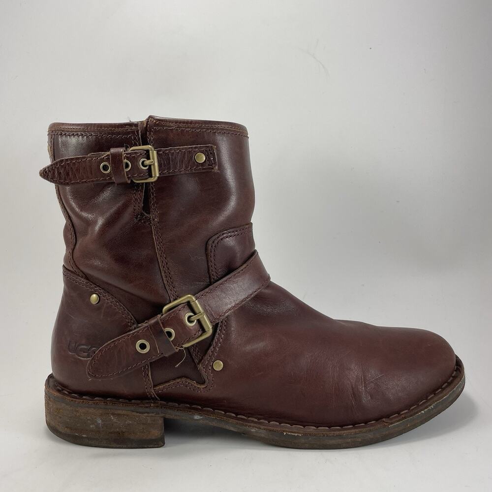 UGG Fabrizia Short Moto Motorcycle Boots Womens Size 9 Brown Leather Buckles
